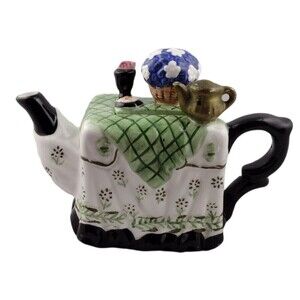 VTG Teapot Table Tea Cart Floral Hand Painted Crazing Houston Harvest Gift READ